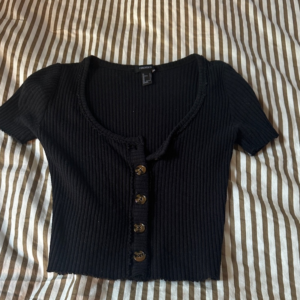 Forever 21 Black Ribbed Button-Down Shirt
